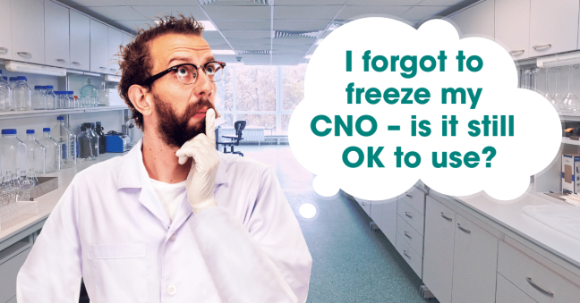 Male scientist in lab thinking, with thought bubble: ‘I forgot to freeze my CNO – is it still OK to use?’