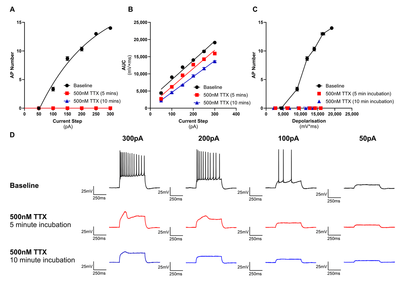 Figure 2. TTX citrate mediated inhibition of action potential firing upon somatic current injection in a CA1 pyramidal neuron.